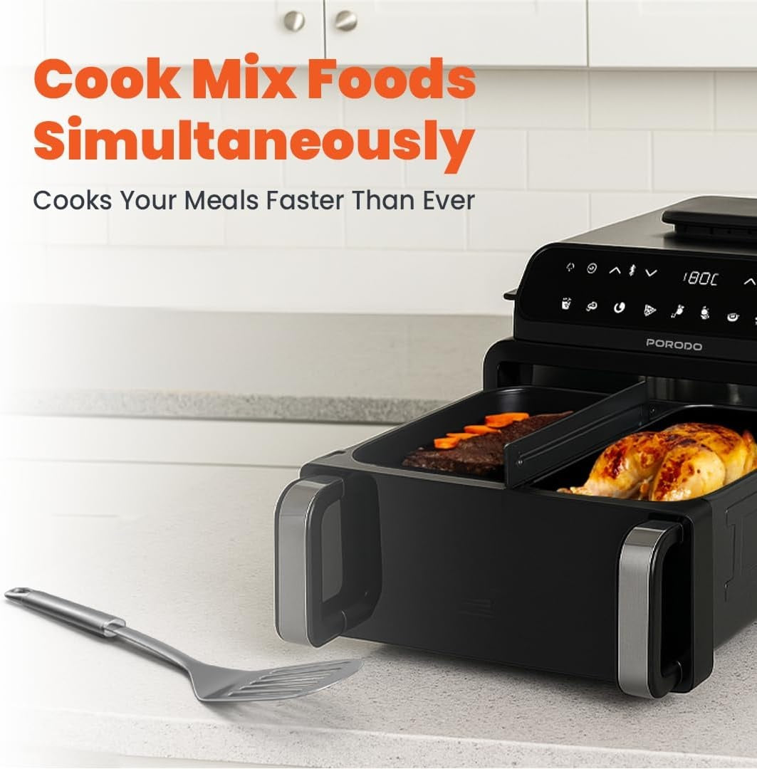 Porodo 3-in-1 Air Fryer & Pizza Maker, Electric Oven, Family Size 10.5L, 2100W Power, 10×Cooking Modes, Delay Function, LED Display, Indoor Grill, Pizza Machine & Airfryer, No Oil Grilling, Fry & Bake