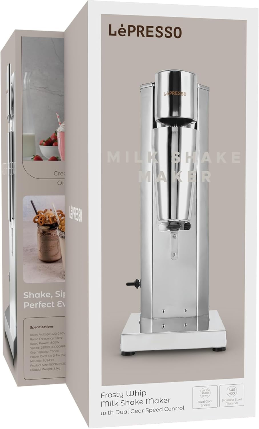 LePresso Frosty Whip Milk Shake Maker with Dual Gear Speed Control - Silver