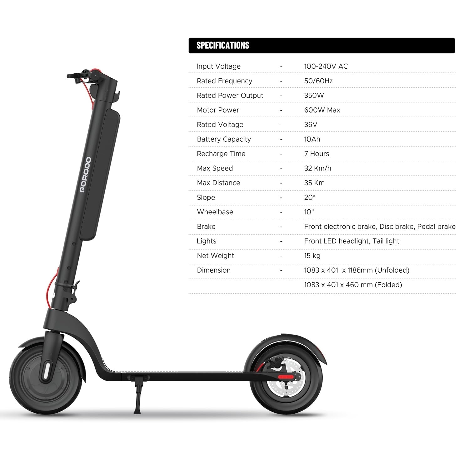Porodo Lifestyle Urban Scooter Pro Electric, Max Speed 32 Km/h, Max Distance 35 Km, Foldable,10 inch Tires, Dual Brakes, LED Display, Sports Scooter, Aluminum Frame, Lite Black