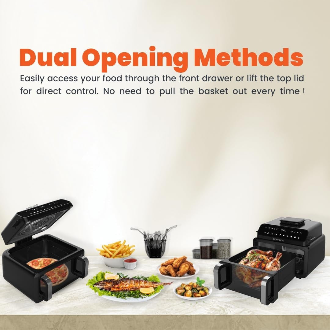 Porodo 3-in-1 Air Fryer & Pizza Maker, Electric Oven, Family Size 10.5L, 2100W Power, 10×Cooking Modes, Delay Function, LED Display, Indoor Grill, Pizza Machine & Airfryer, No Oil Grilling, Fry & Bake
