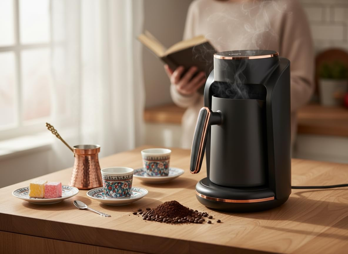 Green Lion MAZAJ Turkish Coffee Maker with Stainless Steel Mug, 250mL Capacity for Up to 5 Cups, 600W Power, 2-3Min Brew Time, Auto Shut-Off, BPA Free, Overheat Protection & Overflow Sensor – Black