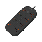 Black power strip with multiple sockets and USB ports on a white background