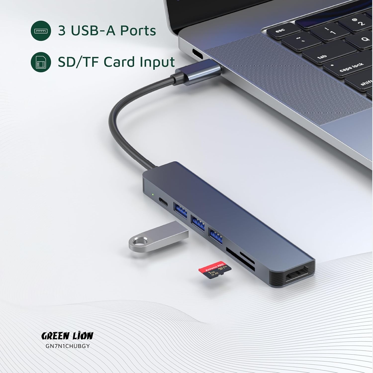 Green Lion 7 In 1 USB-C Hub, SD/TF Card Input, 87W PD, HDMI 4K@30Hz, USB 3.0 Port, USB-C and 2 USB-A 5 Gbps Data Ports, Compact Size, Compatible with MacBook Pro/Laptops