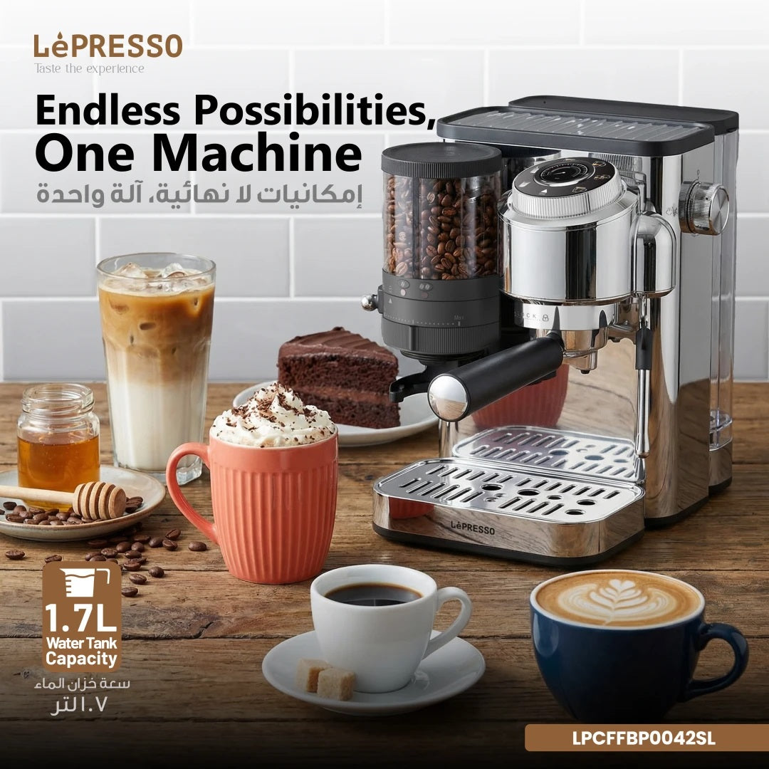 Lepresso IlBurrone 20 Bar Italian Pump Coffee Machine with Bean Grinder and Steam Wand - Silver