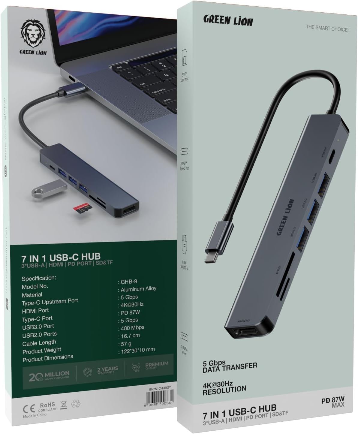 Green Lion 7 In 1 USB-C Hub, SD/TF Card Input, 87W PD, HDMI 4K@30Hz, USB 3.0 Port, USB-C and 2 USB-A 5 Gbps Data Ports, Compact Size, Compatible with MacBook Pro/Laptops