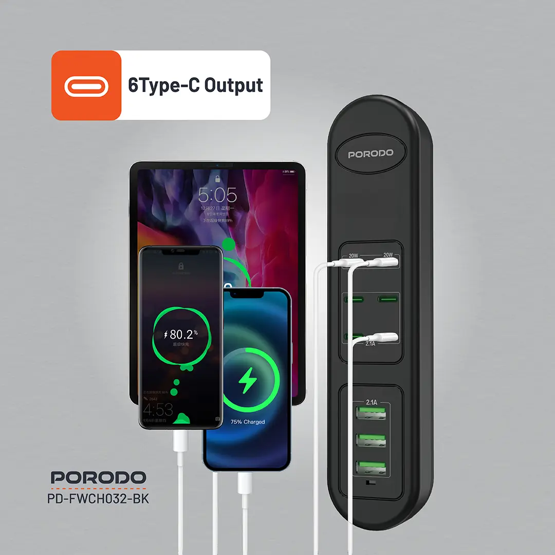 PORODO charging station with multiple devices on a gray background