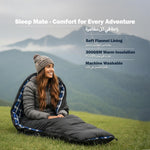 Person sitting in a sleeping bag with mountainous background and product features text overlay