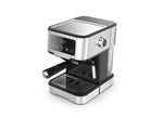 Stainless steel espresso machine on a white background
