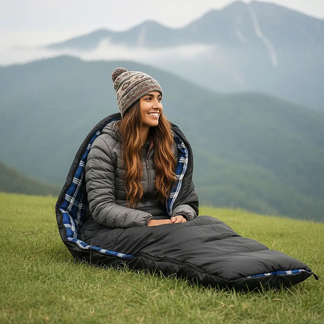 Woman sitting in a sleeping bag on a grassy field with mountains in the background
