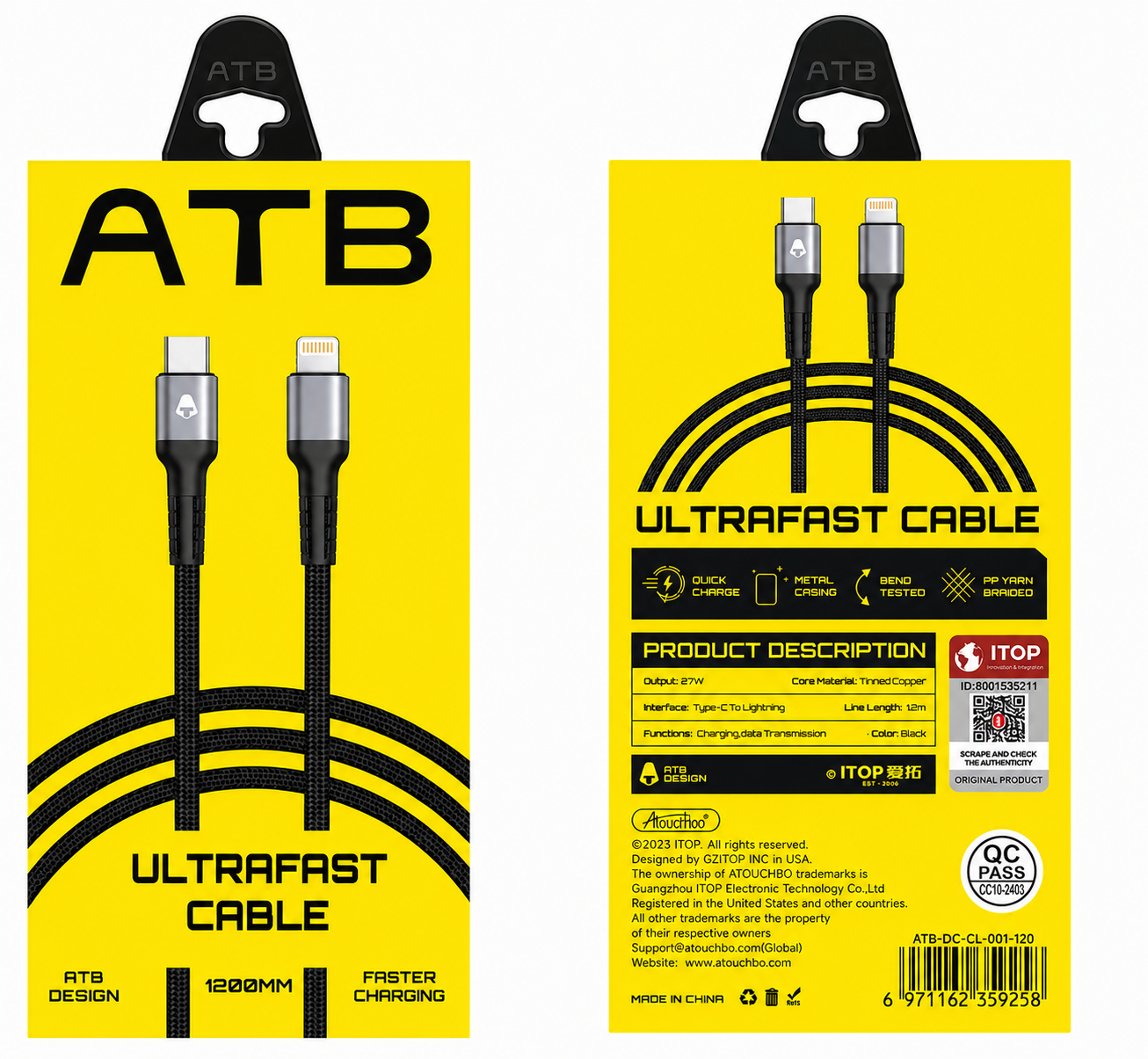 ATB Automatic Power-Off USB to Lightning Braided Charging & Data Cable 1.2M – 12W Fast Charging 9296
