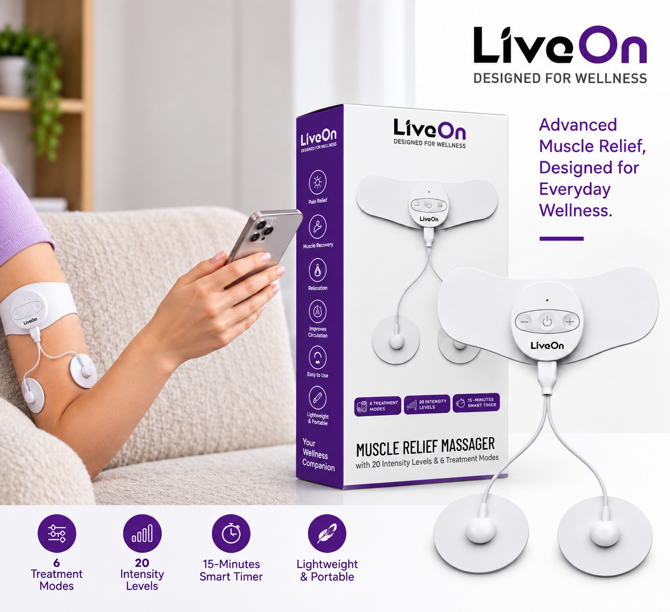 LiveOn Muscle Relief Massager – 20 Intensity Levels & 6 Modes