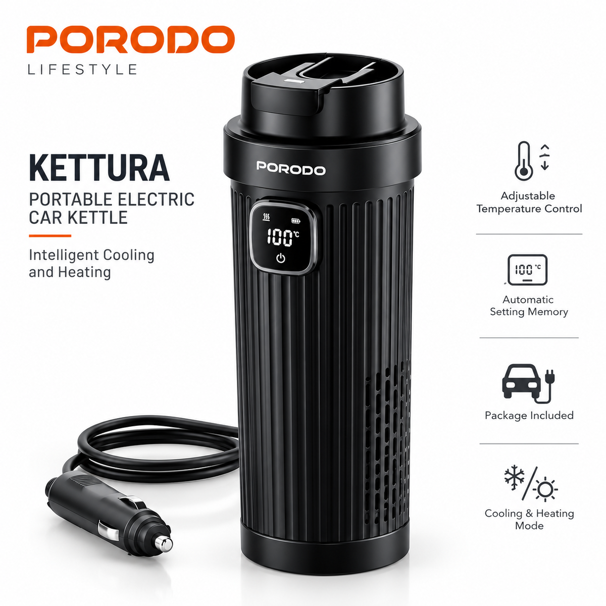 Porodo Kettura Portable Electric Car Kettle – Intelligent Cooling & Heating