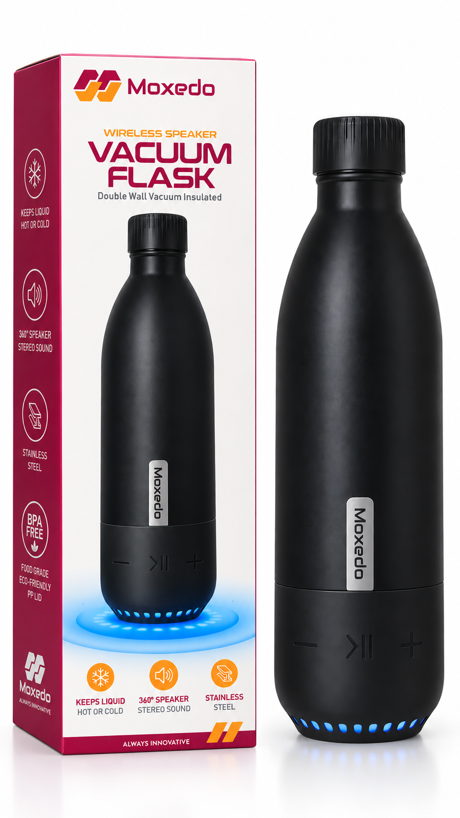 Moxedo Stainless Steel Vacuum Flask with Bluetooth Speaker