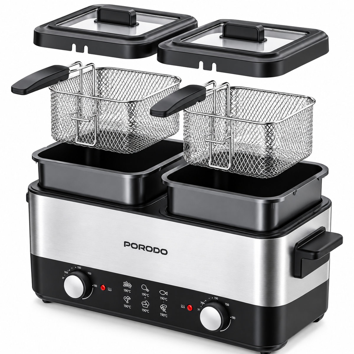 Porodo Lifestyle Dual Crispo Dual Basket Electric Deep Fryer with Manual Heat Control - Black
