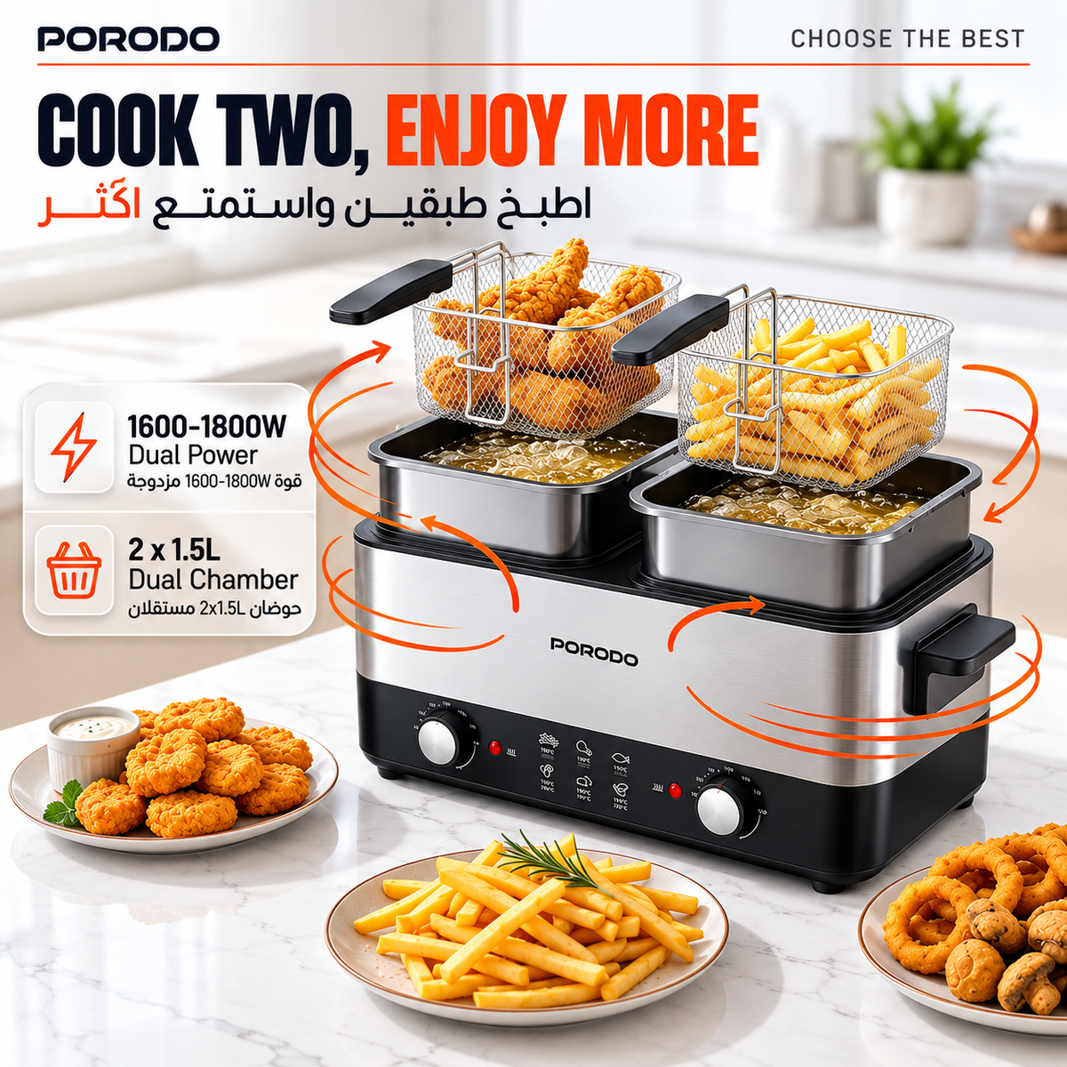 Porodo Lifestyle Dual Crispo Dual Basket Electric Deep Fryer with Manual Heat Control - Black