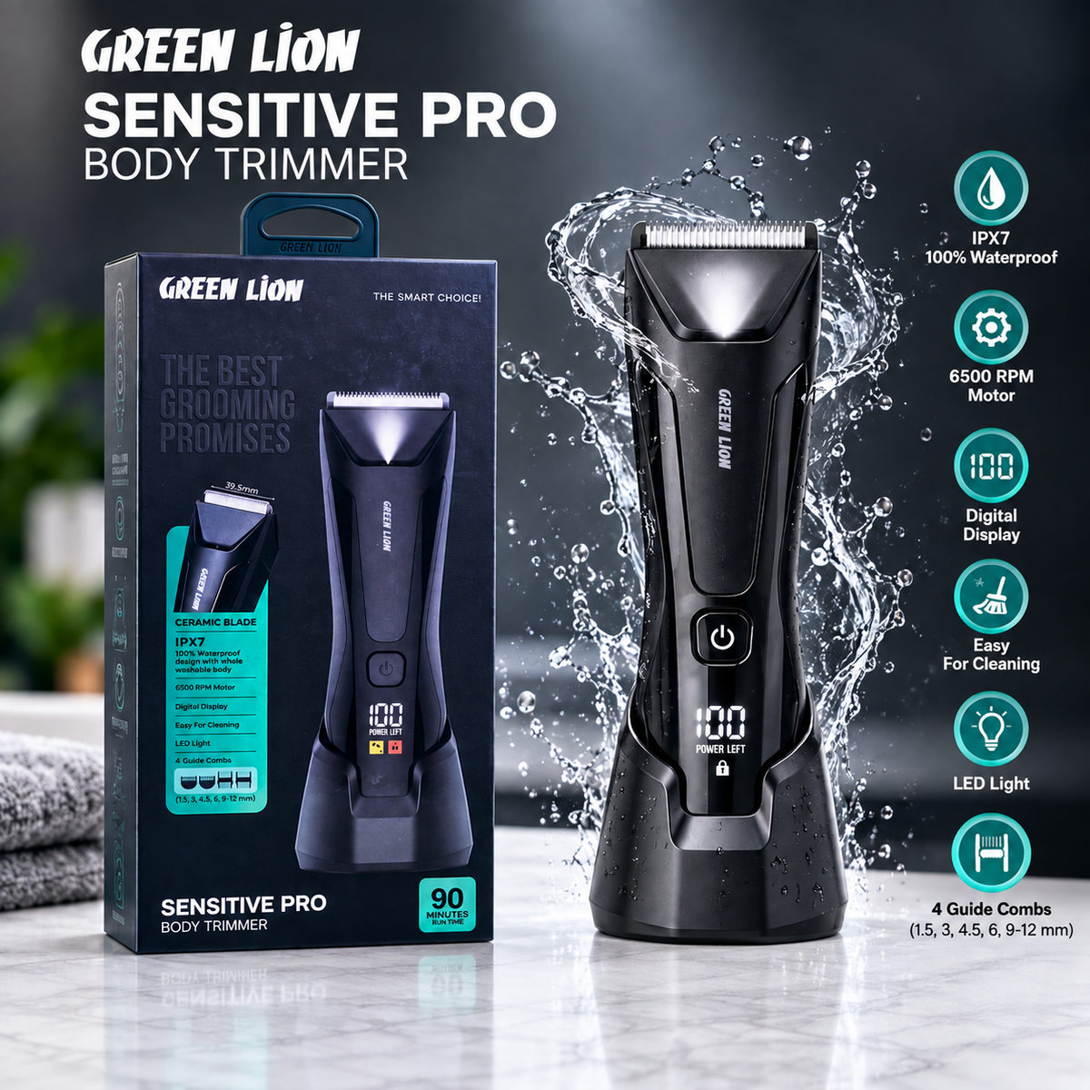 Green Lion Sensitive Pro Body Trimmer – IPX7 Waterproof, 6500 RPM, 90-Minute Runtime