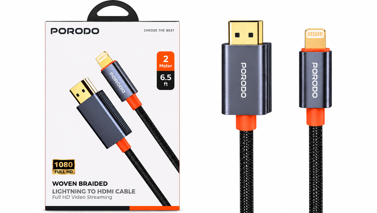 Porodo Woven Braided Lightning To Hdmi Cable (2M, 1080P Full Hd)