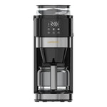 Digital coffee machine with conical burr grinder.