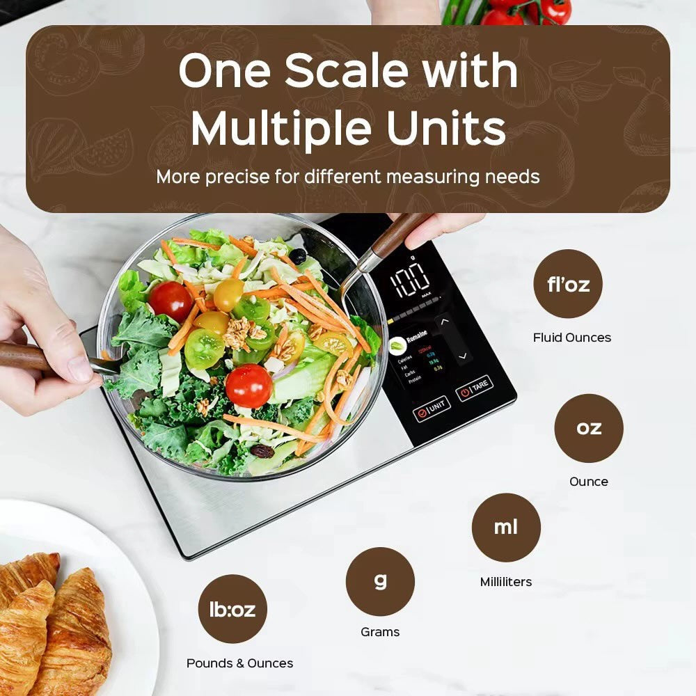 Modern black glass smart kitchen scale with Tare function for measuring net weight.