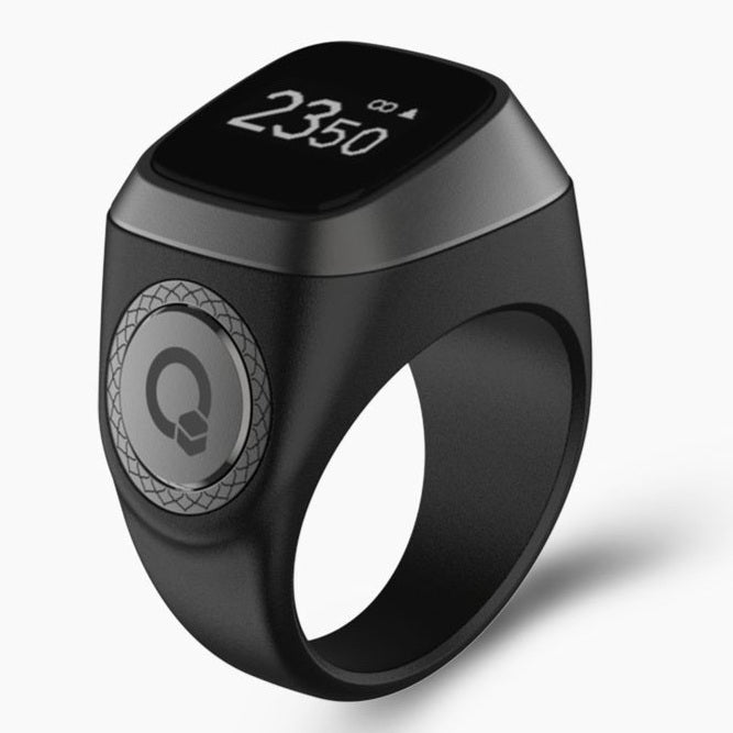 "iQibla Zikr Ring 22mm in Black Gray finish featuring the integrated OLED screen."