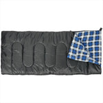 Gray sleeping bag with a blue and white plaid blanket on a white background