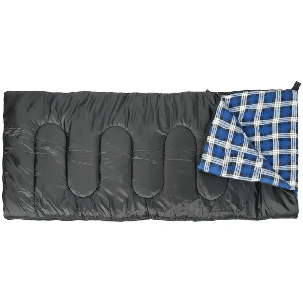 Gray sleeping bag with a blue and white plaid blanket on a white background