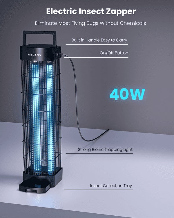 Electric insect zapper with features highlighted on a gray background
