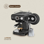 Espresso machine with milk frother and 1.2L water reservoir.