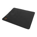 Black mouse pad with a logo on a white background