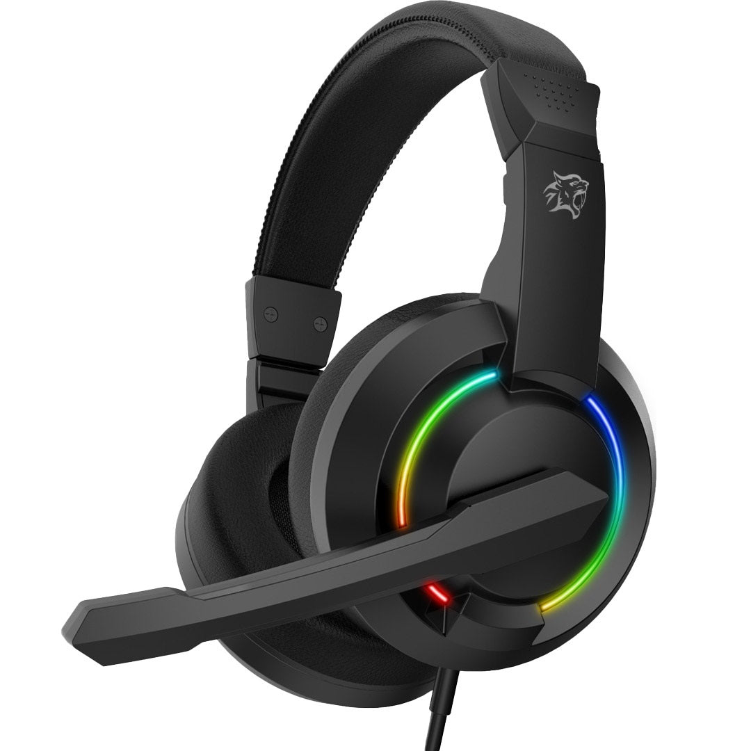 Black gaming headset with RGB lighting on a white background