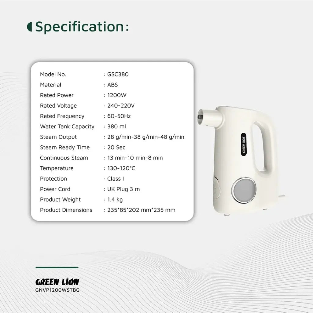 Green Lion Vapor Pro Steam Cleaner 1200W with Touch Screen, 380ml Tank & 3 Steam Levels - Beige 0982