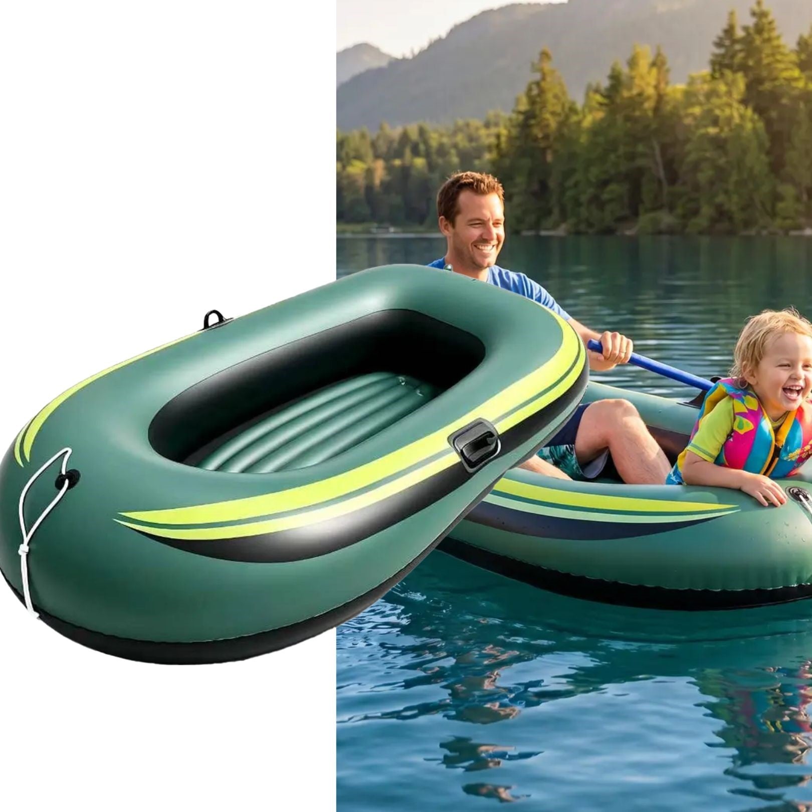 An inflatable green and black boat with yellow-green stripes is shown prominently on the left, while a split-screen background shows a man and a child sitting in the same boat on a lake with trees and mountains in the distance.