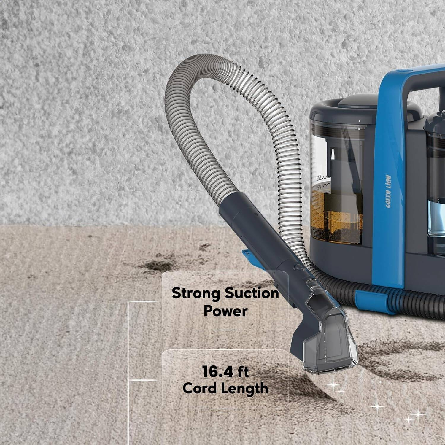 Green Lion Carpet Cleaner Pro showing separate clean and dirty water tanks