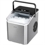 Portable ice maker with a black lid and silver body on a white background