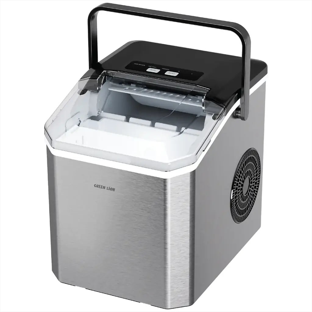 Portable ice maker with a black lid and silver body on a white background