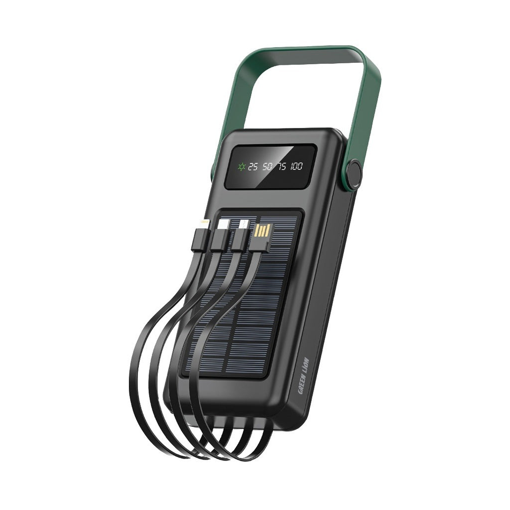 Black portable charging device with solar panel and digital display on a white background