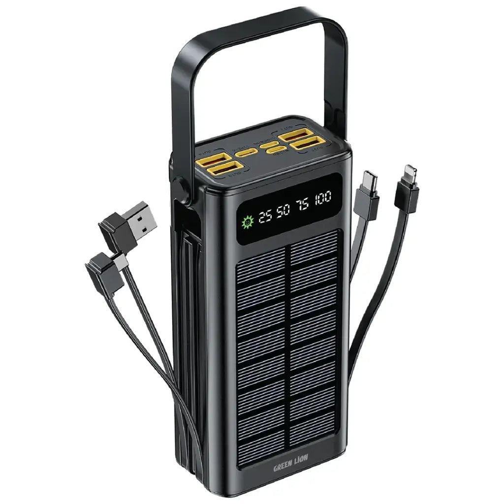 Black portable power station with solar panel and multiple cables on a white background