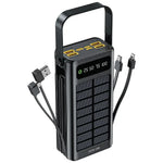 Black portable power station with solar panel and multiple cables on a white background