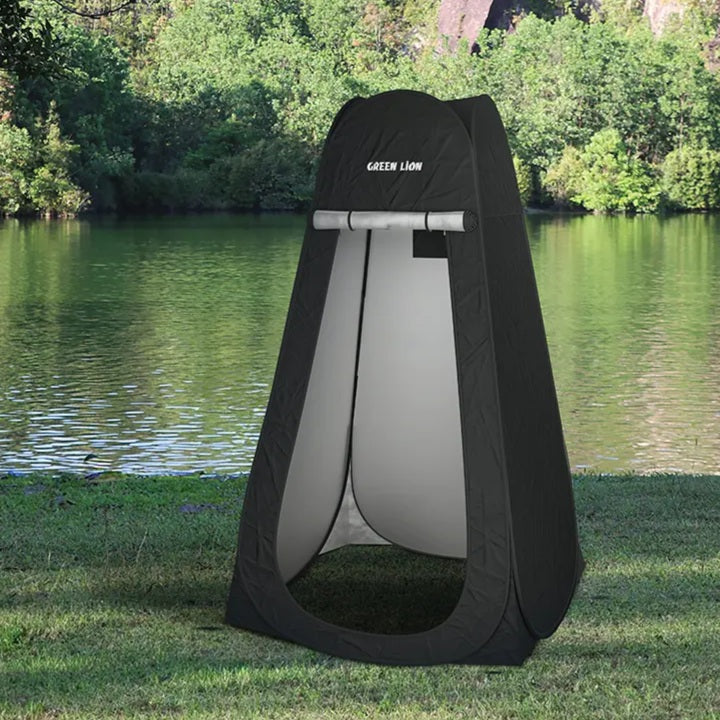 Green Lion instant pop-up privacy tent in black featuring silver-coated 170T Oxford fabric."