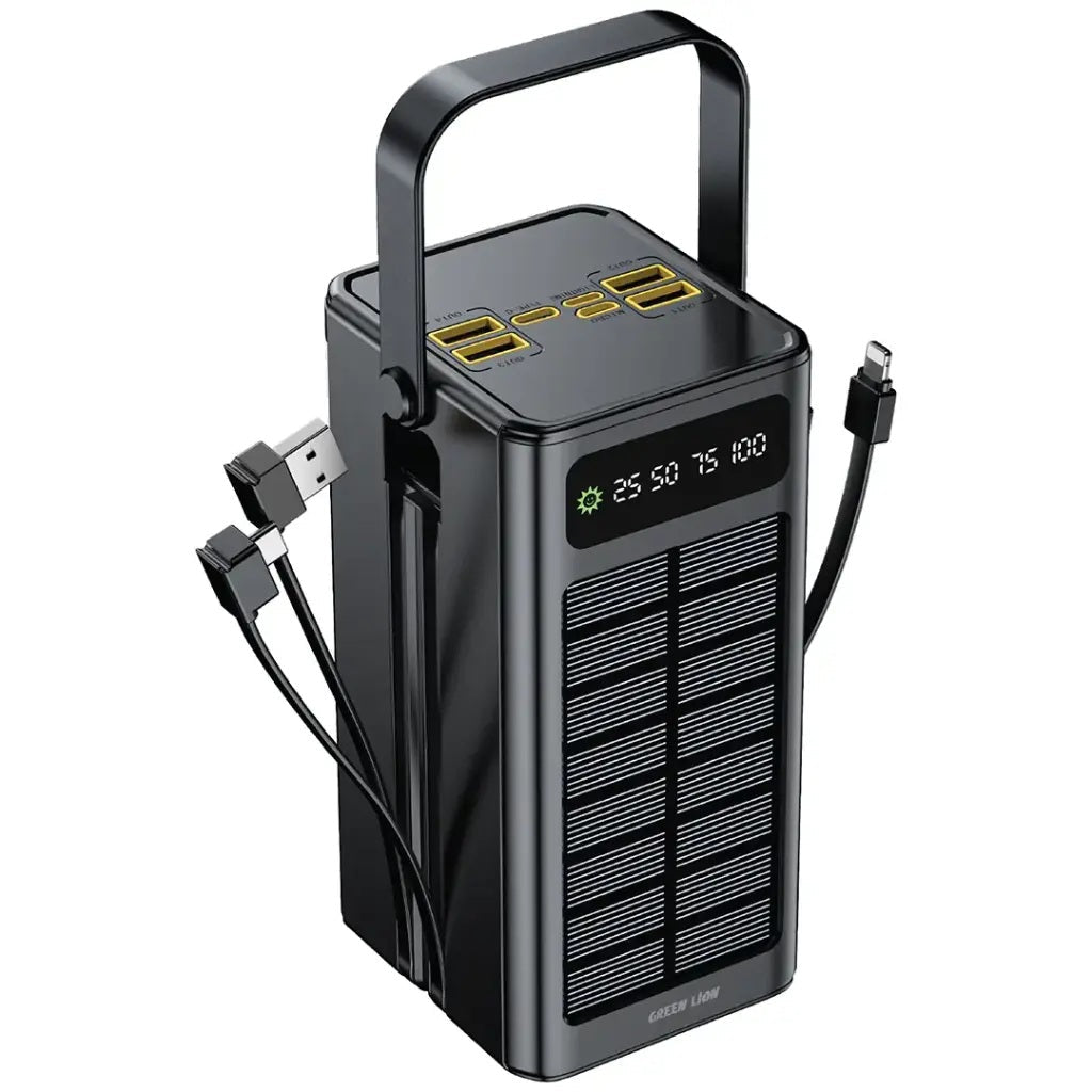 Black portable power station with solar panel and charging cables on a white background