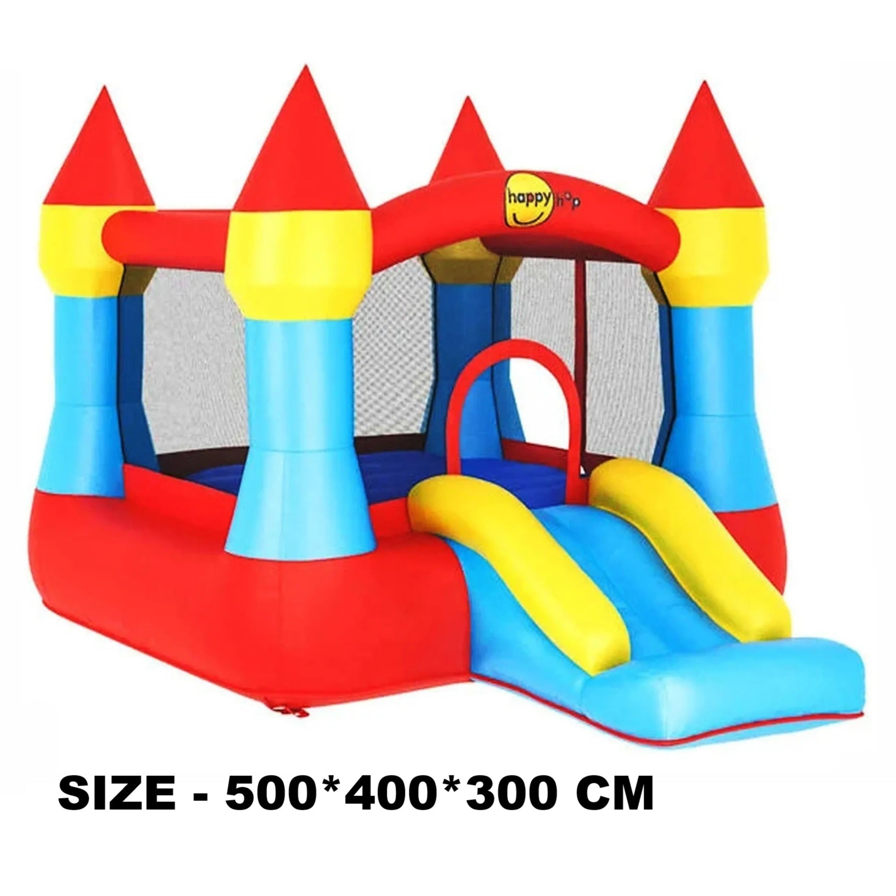 Colorful inflatable bounce house with slide on a white background, featuring the brand 'Happy Hop'.