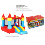 Inflatable castle bounce house with slide and packaging on a white background