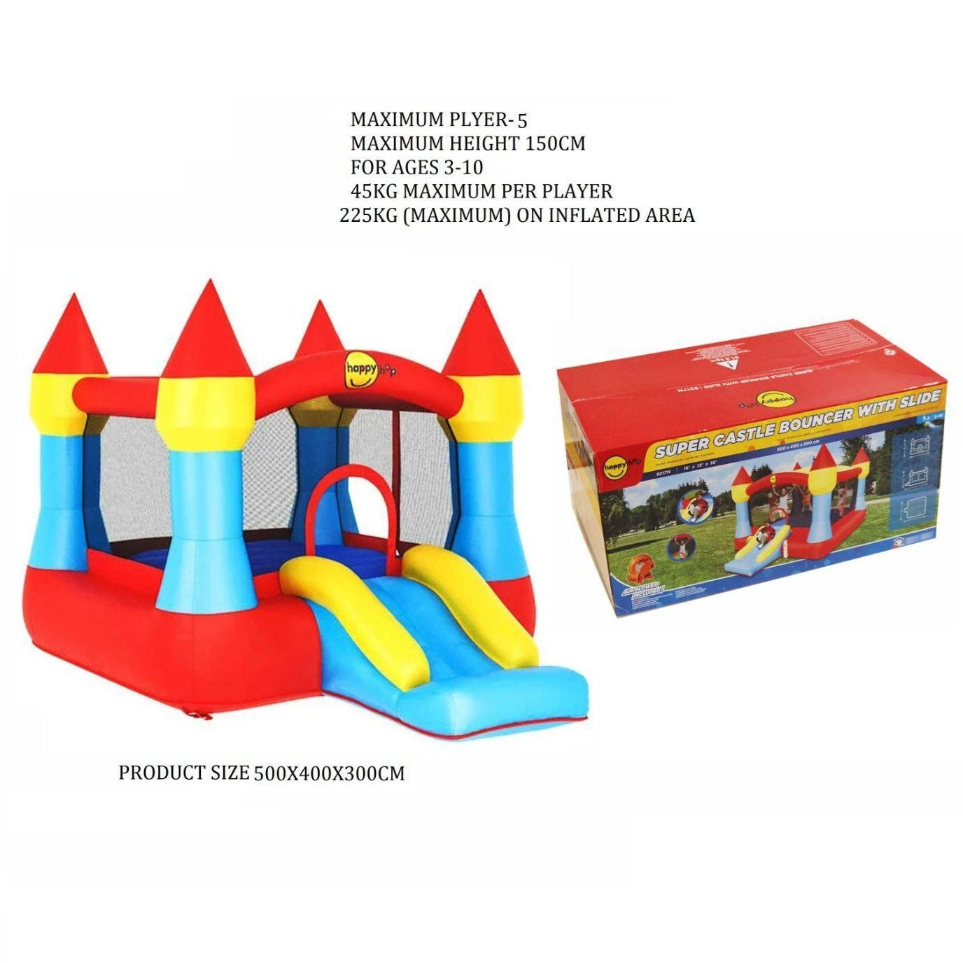 Inflatable castle bounce house with slide and packaging on a white background