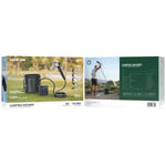 Green Lion camping shower packaging with images of the product and user scenario on a white background.