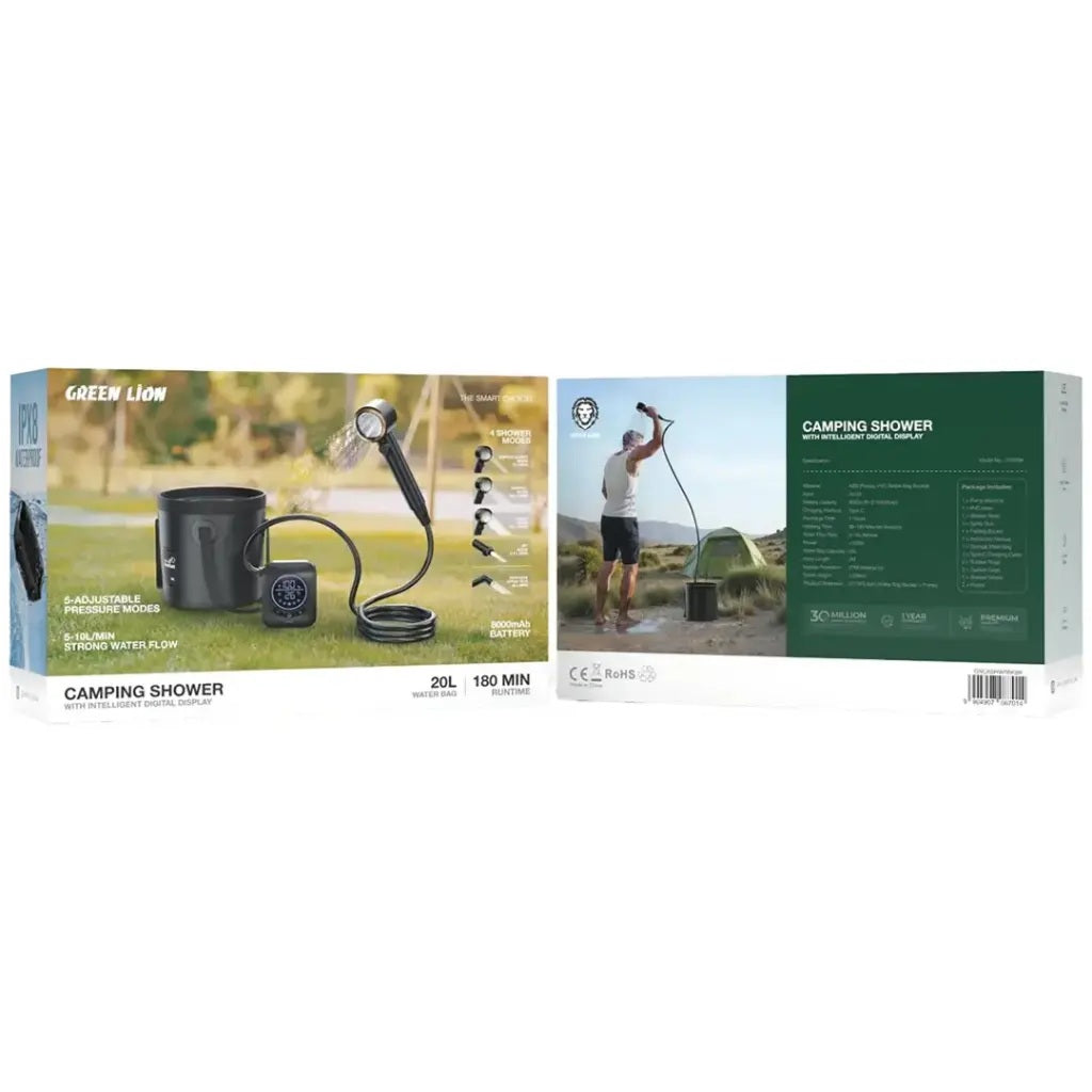 Green Lion camping shower packaging with images of the product and user scenario on a white background.