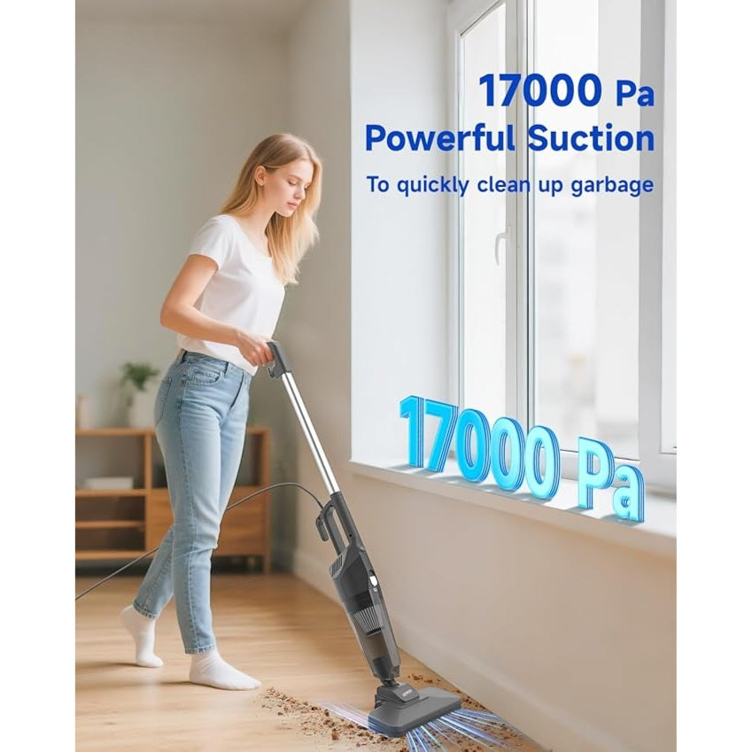 Woman using a vacuum cleaner with text highlighting powerful suction on a wooden floor.