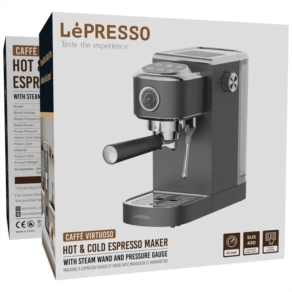 Le'Presso espresso machine packaging with machine illustration and branding.