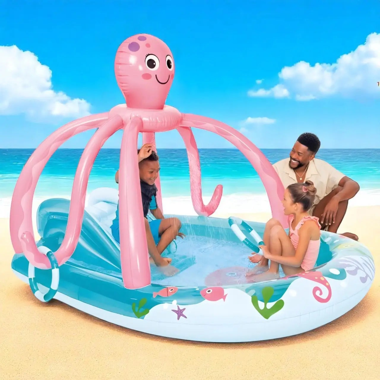 Inflatable octopus pool with children playing on a beach