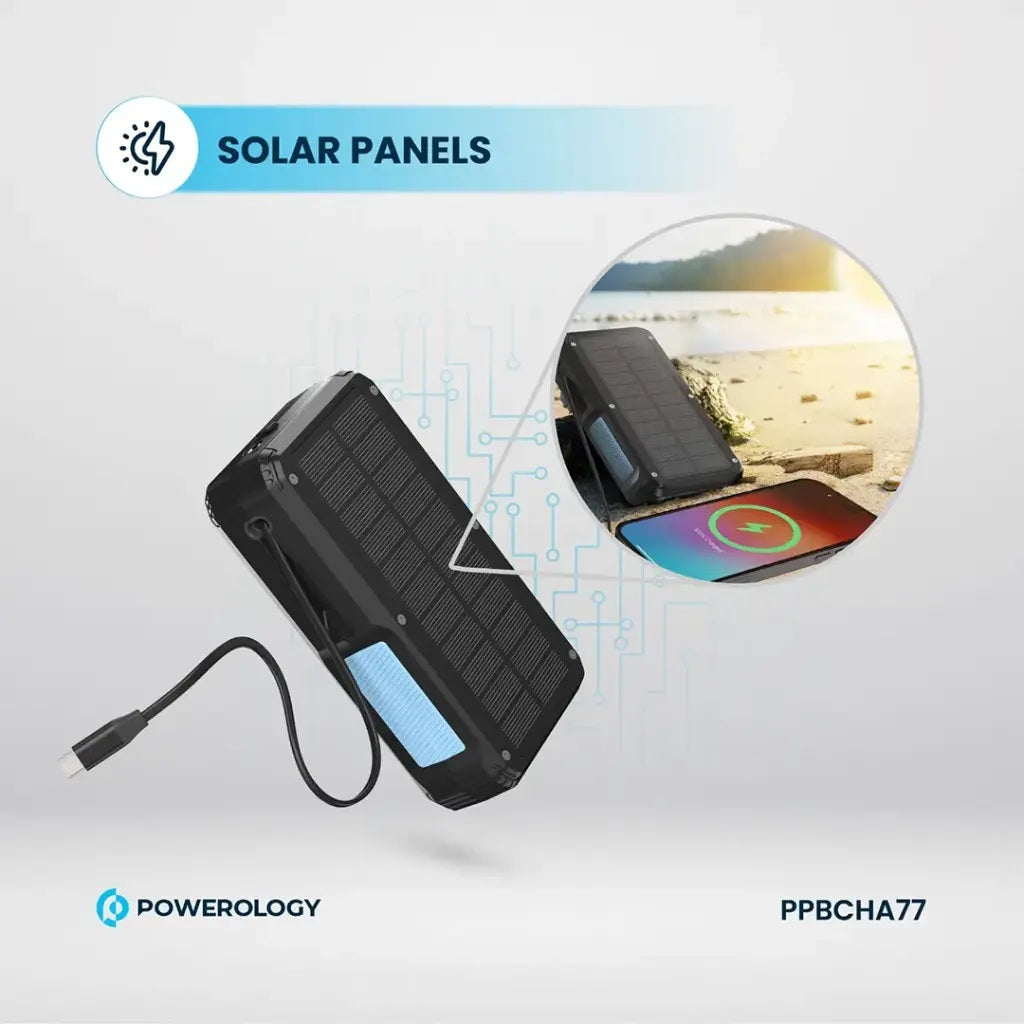 Solar panel power bank with Powerology branding on a light gray background