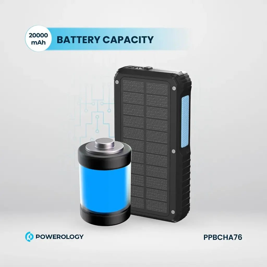 Power bank with solar panel and battery capacity indicator on a gray background